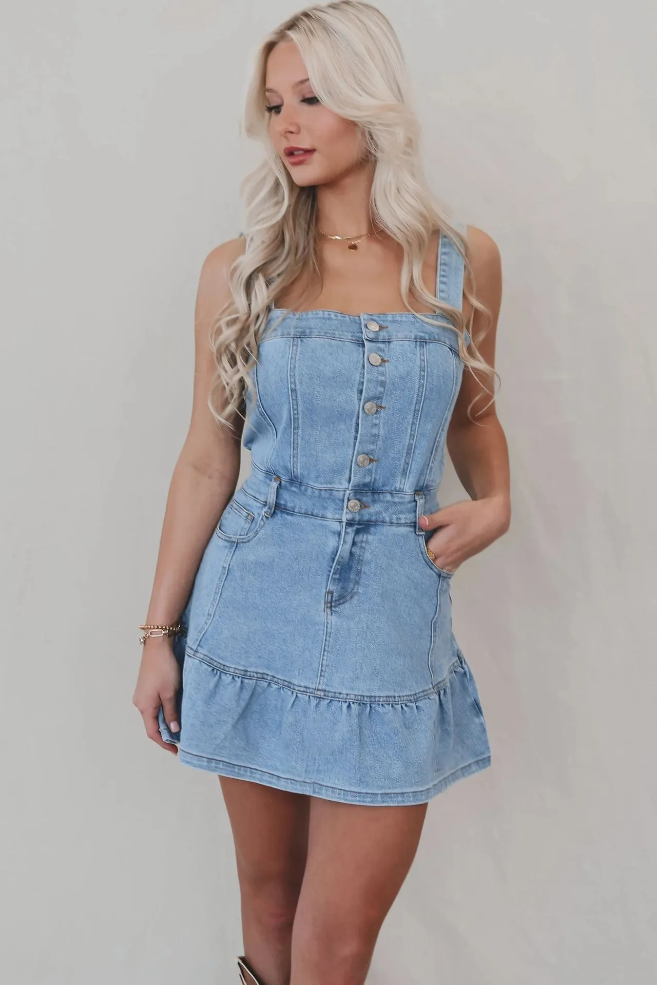 Charming Button-Up Denim Dress with Ruffled Hem and Suspender Straps