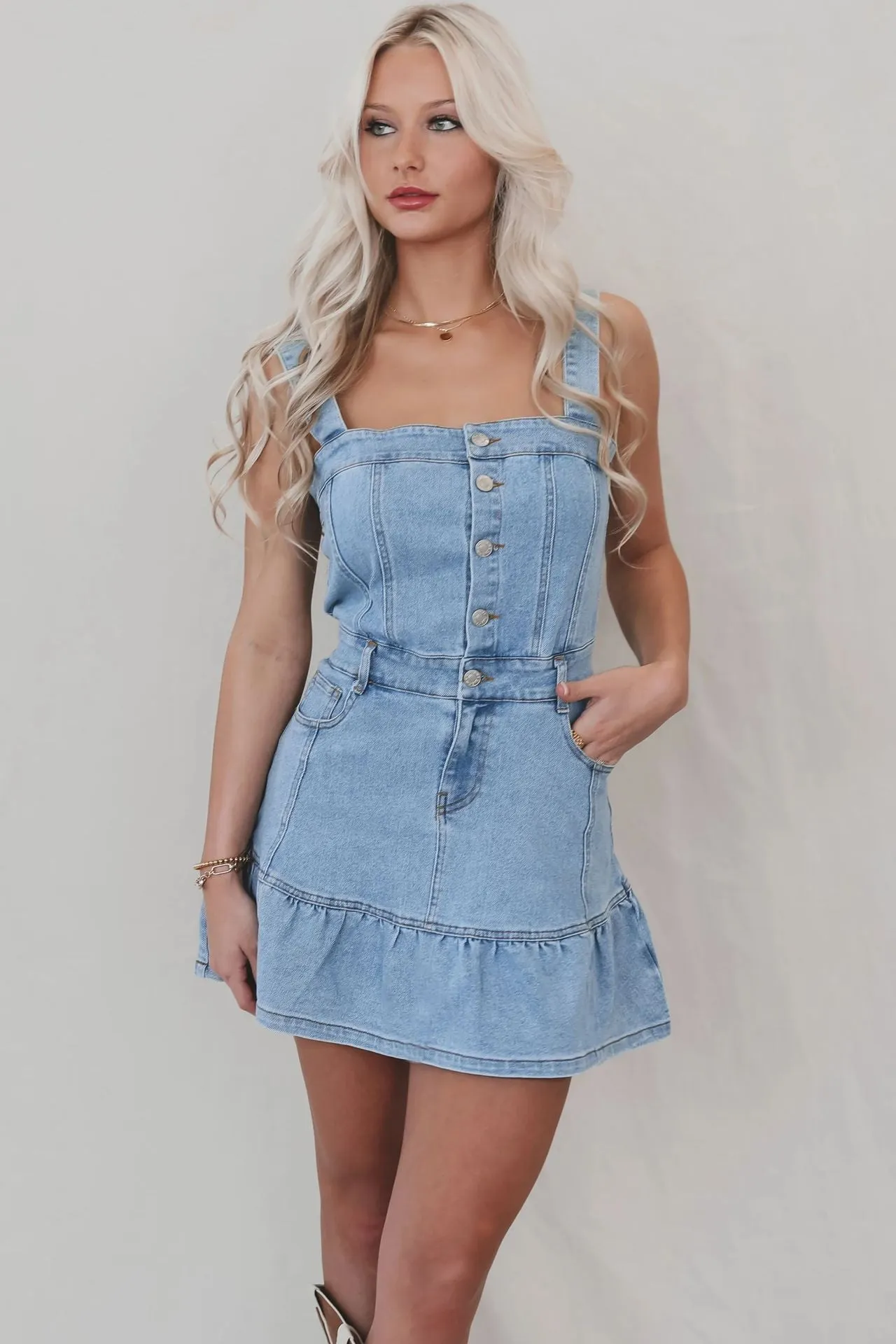 Charming Button-Up Denim Dress with Ruffled Hem and Suspender Straps
