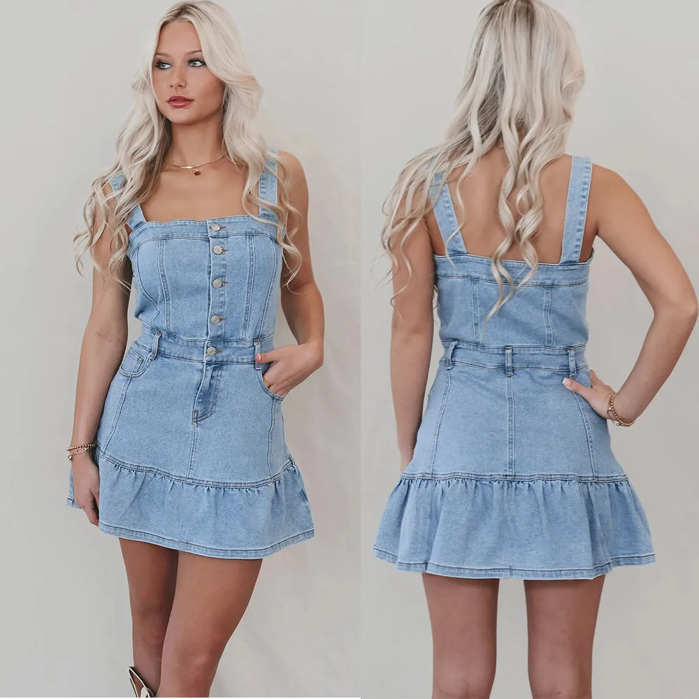 Charming Button-Up Denim Dress with Ruffled Hem and Suspender Straps