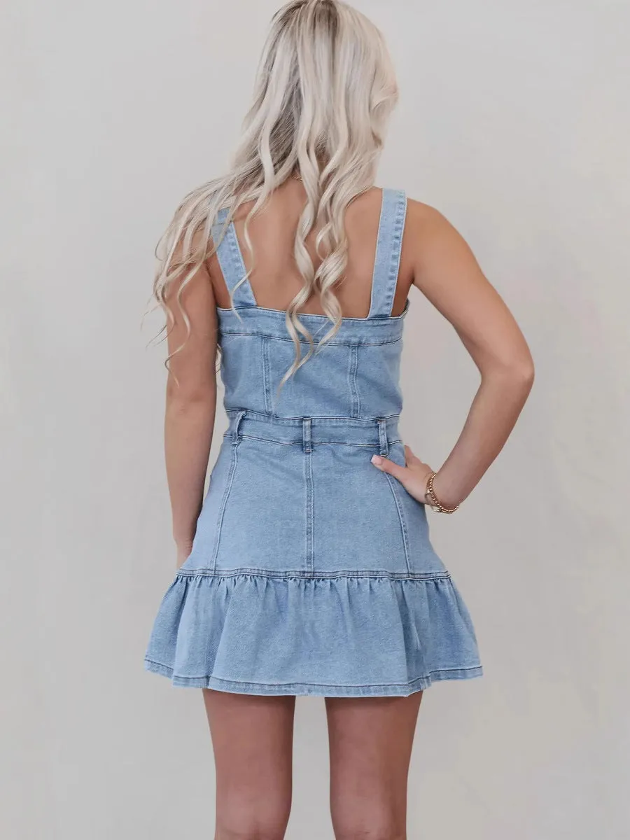 Charming Button-Up Denim Dress with Ruffled Hem and Suspender Straps