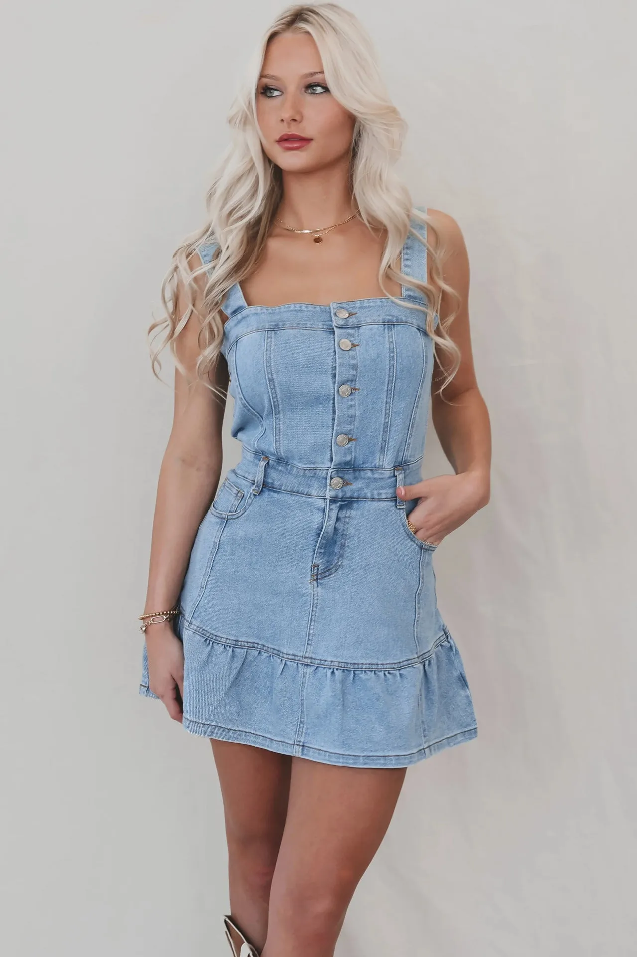 Charming Button-Up Denim Dress with Ruffled Hem and Suspender Straps