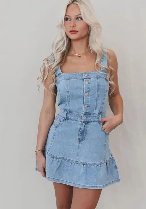 Charming Button-Up Denim Dress with Ruffled Hem and Suspender Straps