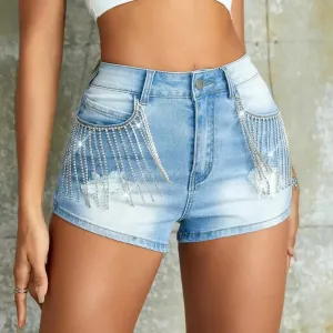 Claire - Blue Rhinestone Studded Chain Denim Shorts