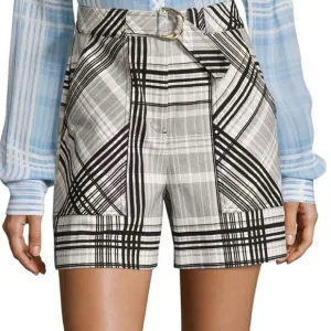 Diane Von Furstenberg High Waist Black White Plaid  Double D Loop Belted Shorts