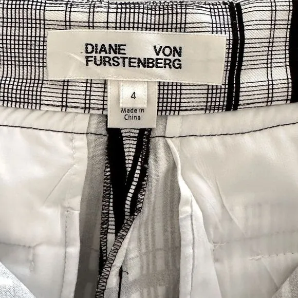 Diane Von Furstenberg High Waist Black White Plaid  Double D Loop Belted Shorts