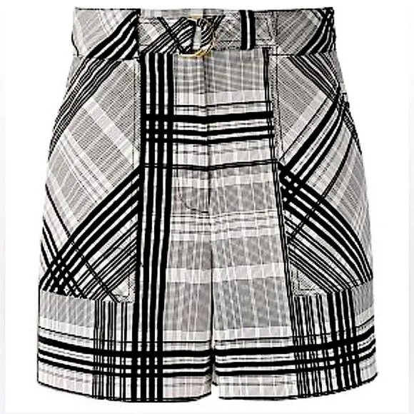 Diane Von Furstenberg High Waist Black White Plaid  Double D Loop Belted Shorts