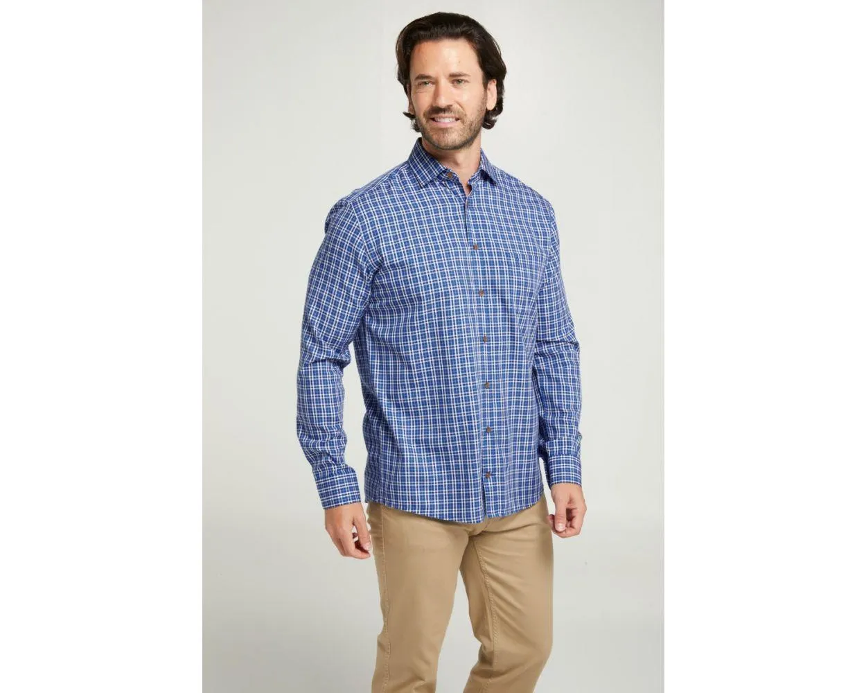 Double Two Men's Pure Cotton Bamboo Blend Twill Check Shirt in Royal Blue 2XL to 5XL