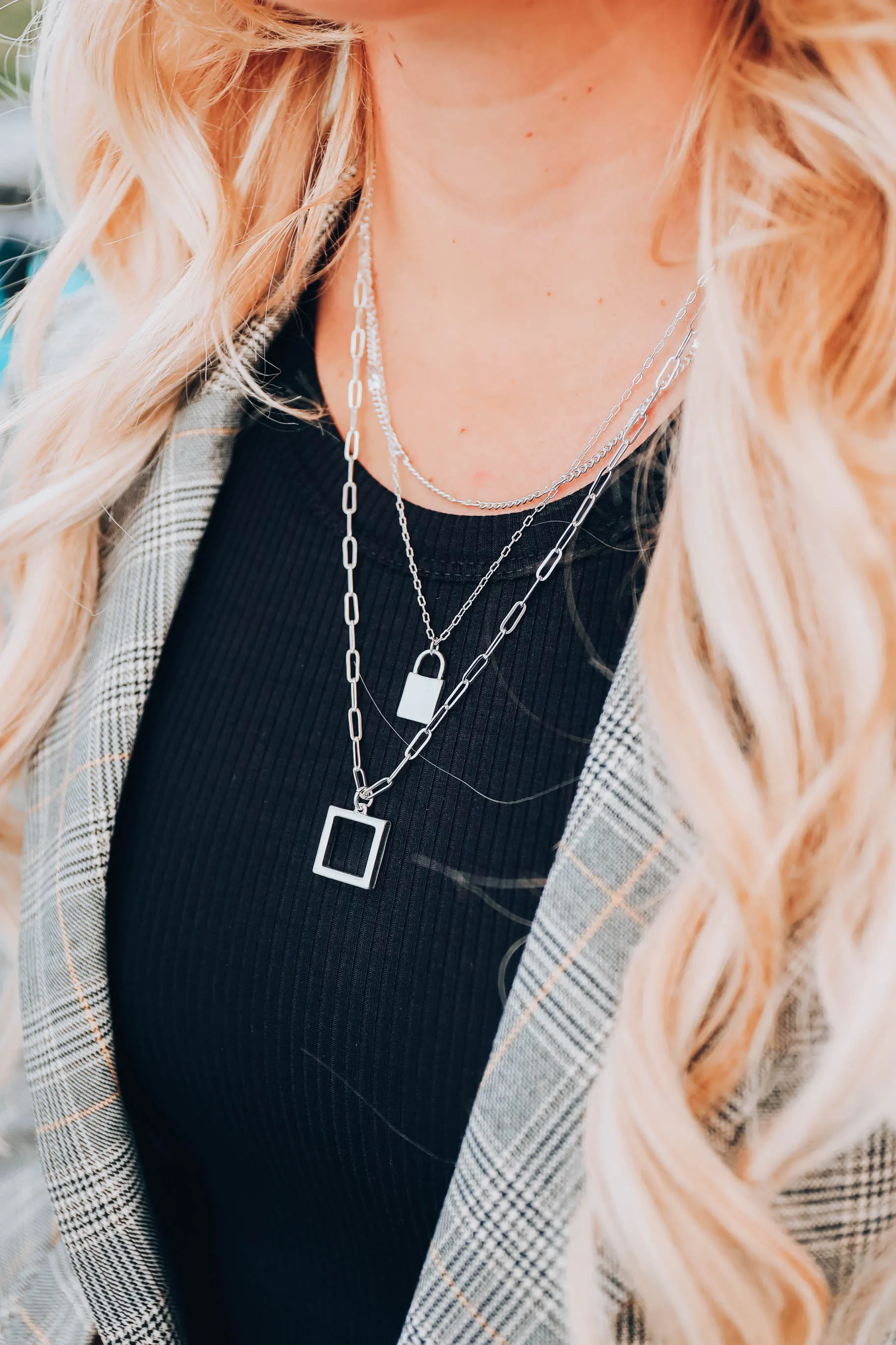 Down Rodeo Layered Necklace Set - Silver