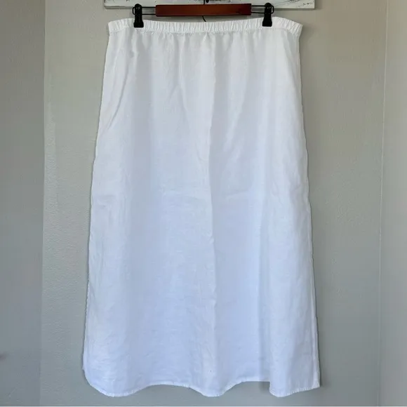 EILEEN FISHER XL Organic Handkerchief Linen Side Slit Midi Skirt in White