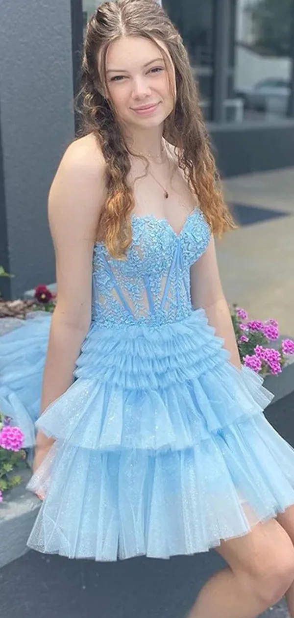 Elegant Blue Ruffles Tulle Lace Appliqueas Illusion A-Line Simple Short Homecoming Dresses, QB0407