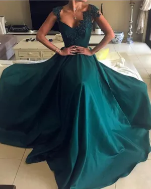Elegant Dark Green Satin Prom Dresses V-Neck Cap Sleeve Lace 2019 Fashion Long Party Gowns