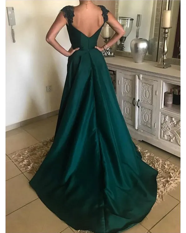 Elegant Dark Green Satin Prom Dresses V-Neck Cap Sleeve Lace 2019 Fashion Long Party Gowns