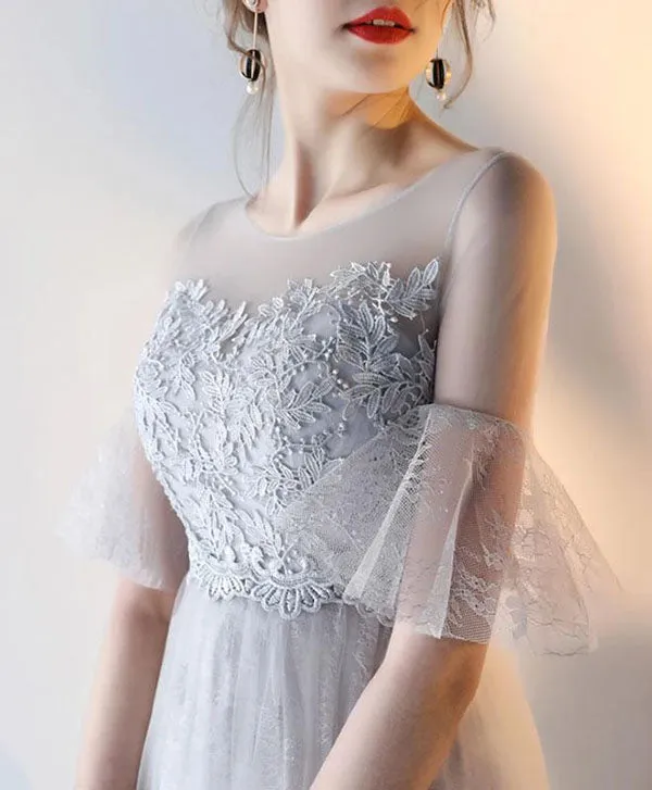 Elegant Gray Tulle A-Line Short Sleeves Lace Prom Dresses Evening Dress, SP627