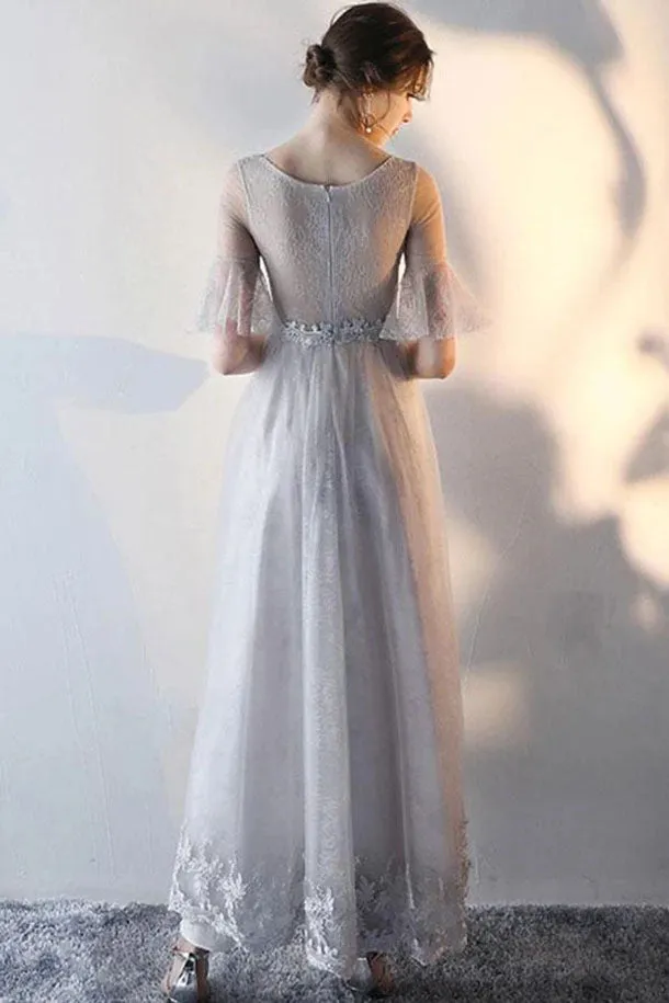Elegant Gray Tulle A-Line Short Sleeves Lace Prom Dresses Evening Dress, SP627