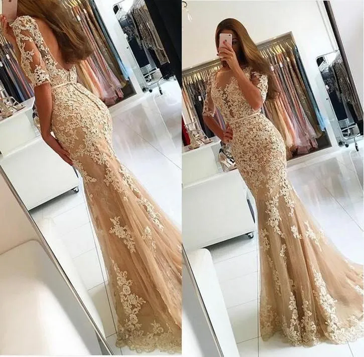 Elegant Half Sleeve Lace Mermaid Backless Prom Dresses, Long Cheap Evening Dresses CP613