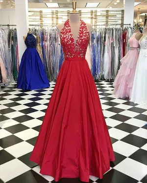Elegant Halter Red Satin Prom Dresses with Lace Long Party Gowns 2018