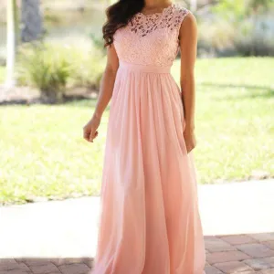 Elegant Lace Floor-Length Applique Blush Pink Long Formal Cheap Chiffon Bridesmaid Dresses, WGY0325