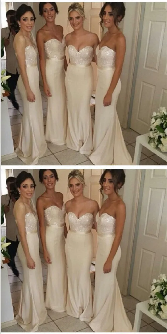 Elegant Mermaid Sweetheart Long Cheap Satin Bridesmaid Dresses with Sequin, QB0140