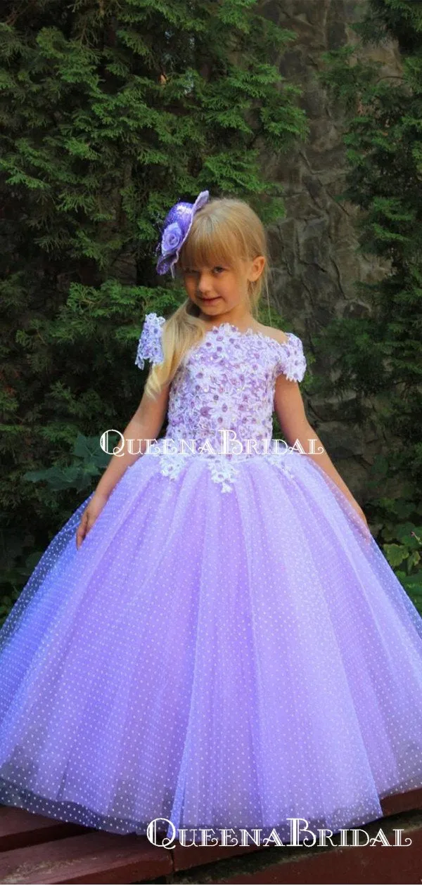 Elegant Off-The-Shoulder Lavender Tulle Appliqued A-line Long Cheap Flower Girl Dresses, FGS0025