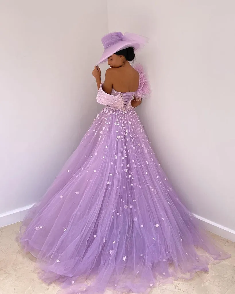 Elegant One-shoulder A-line Tulle Sequin Long Prom Dresses, PDS0178