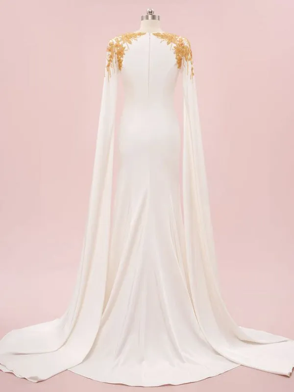 Elegant Scoop Cap Sleeve Mermaid Satin White Long Prom Dresses With Trailing For Party Online, OL329
