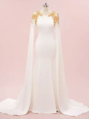 Elegant Scoop Cap Sleeve Mermaid Satin White Long Prom Dresses With Trailing For Party Online, OL329