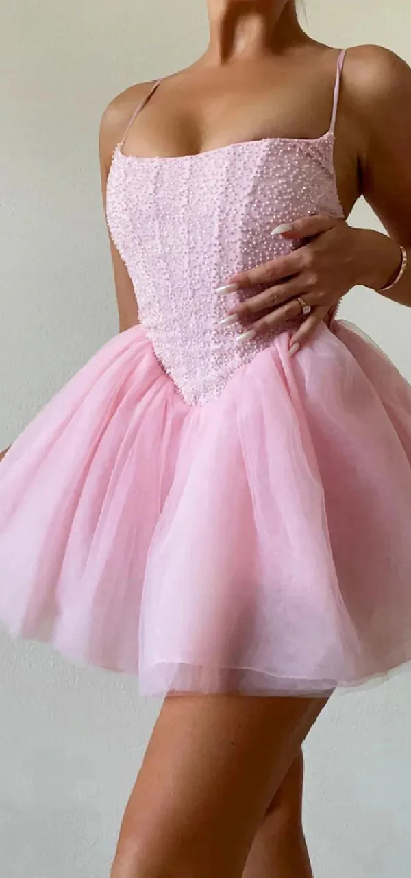 Elegant Spaghetti Straps A-line Tulle Pink Short Homecoming Dresses Online, HD0667