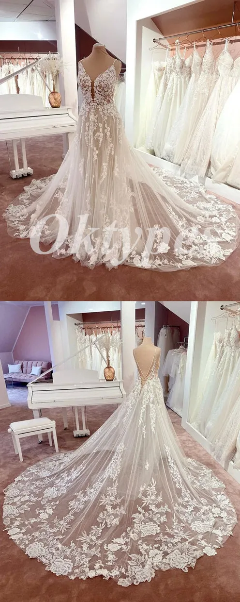 Elegant Spaghetti Straps V-Neck Sleeveless Backless A-Line Long Wedding Dresses,WDS0137