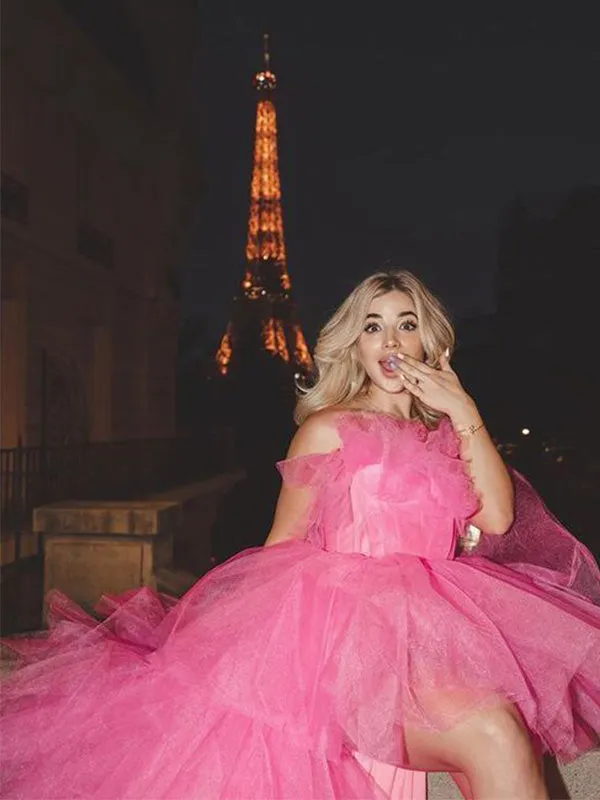 Elegant Sweetheart Sleeveless A-line Tulle Long Evening Prom Dresses Online, OLP685