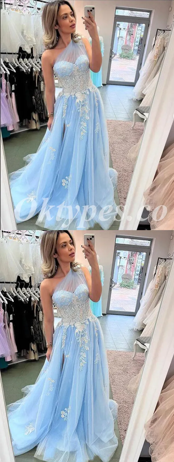 Elegant Tulle One Shoulder Sleeveless A-Line Long Prom Dresses With Applique,PDS0710