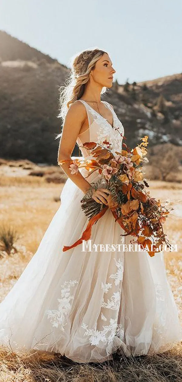 Elegant V-neck A-line Lace Tulle Simple Wedding Dresses. WDS0103