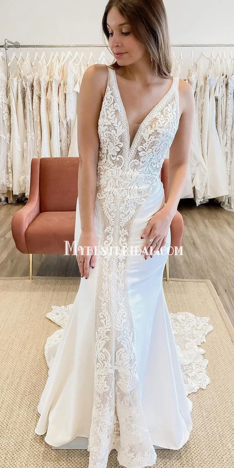 Elegant V-neck Lace Applique Mermaid Cheap Long Wedding Dresses, WDS0063