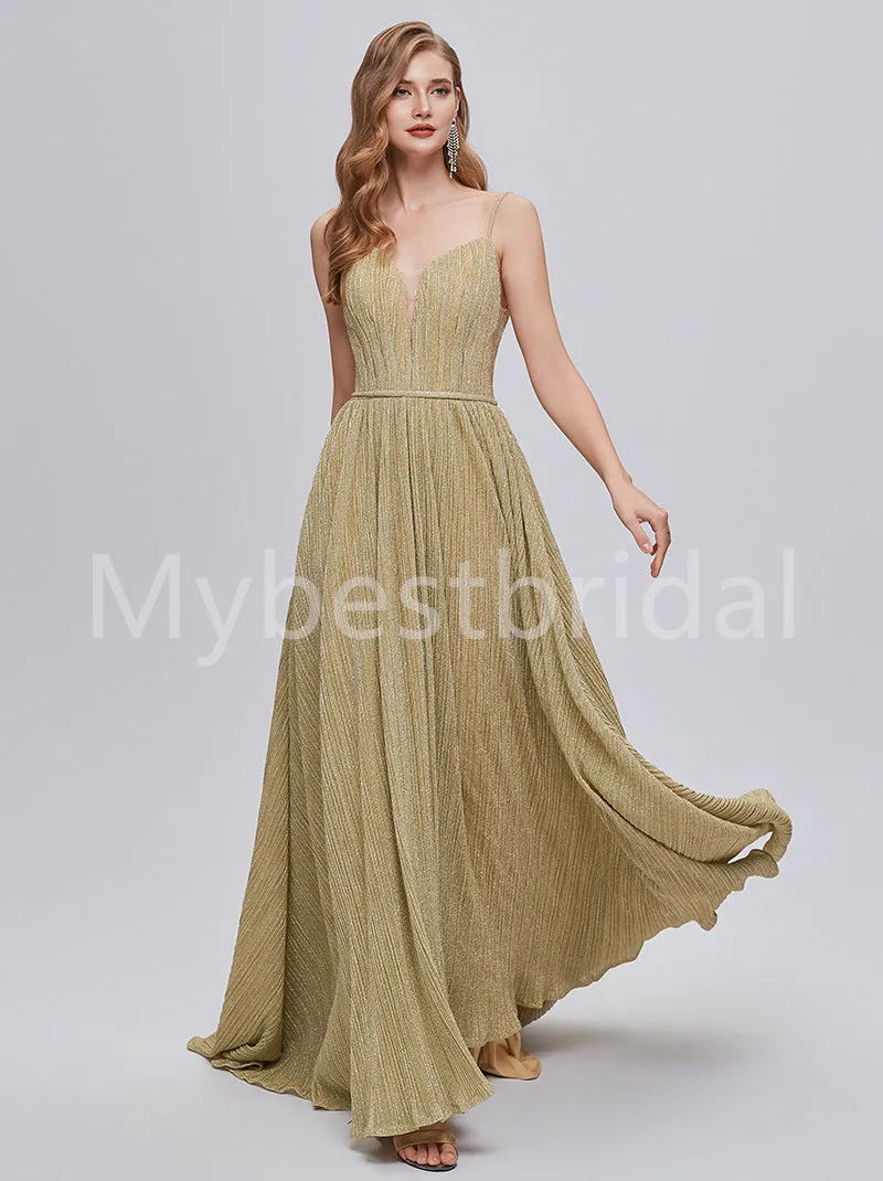 Elegant V-neck Spaghetti straps A-line Prom Dresses, PDS0512