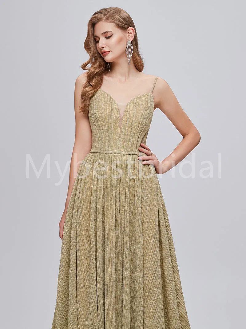 Elegant V-neck Spaghetti straps A-line Prom Dresses, PDS0512