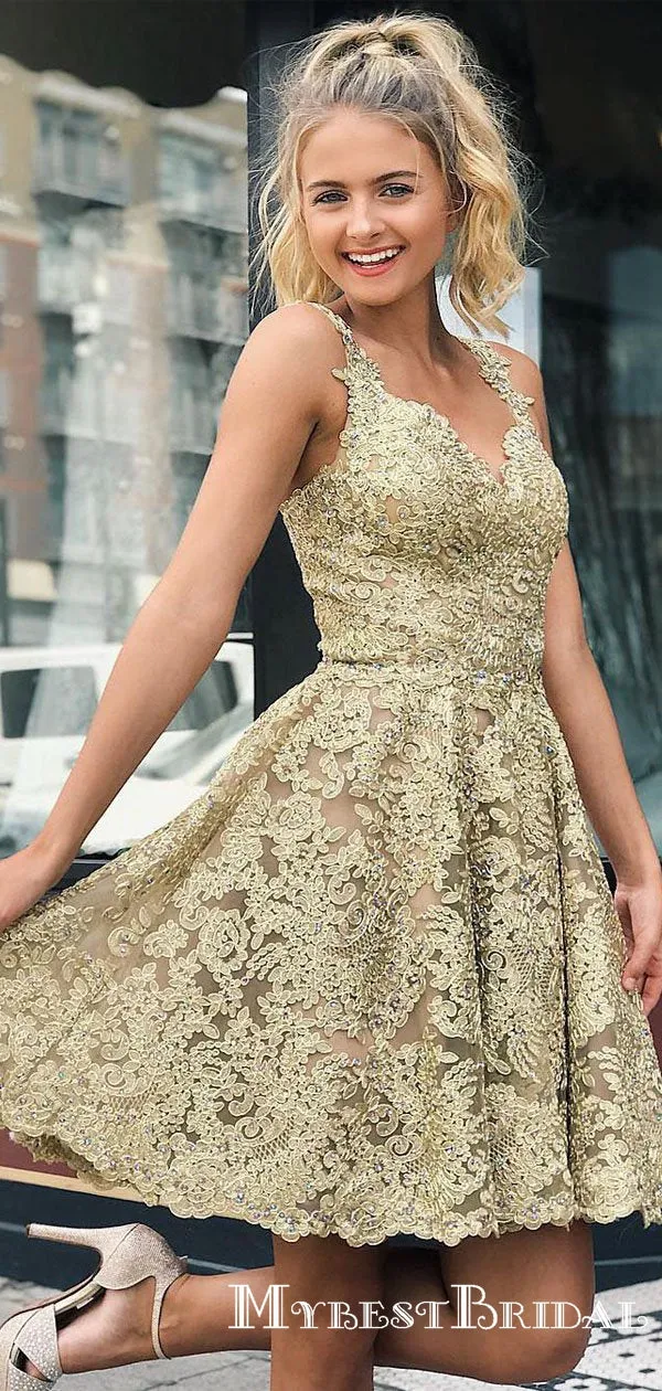 Elegant V-neck Straps All Over Lace Gold Homecoming Dresses, TYP0048