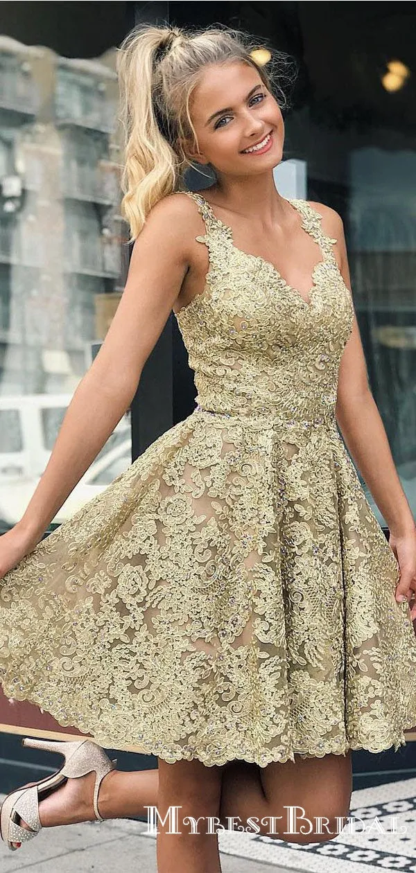 Elegant V-neck Straps All Over Lace Gold Homecoming Dresses, TYP0048
