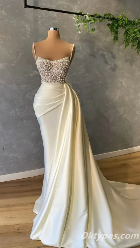 Elegant White Satin Spaghetti Straps Mermaid Evening Prom dresses With Beadings,PDS0324