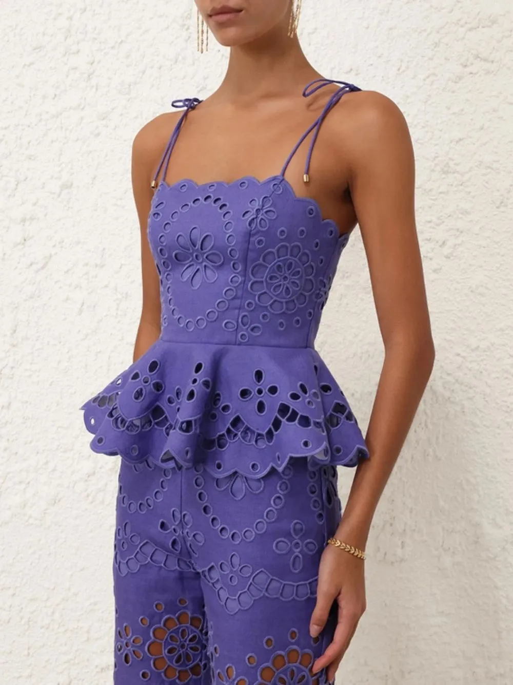 Embroidered Scallop Linen Top