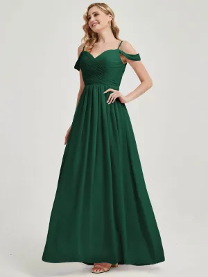Emerald Green Spaghetti Straps Pleated Chiffon Maxi Bridesmaid Dress