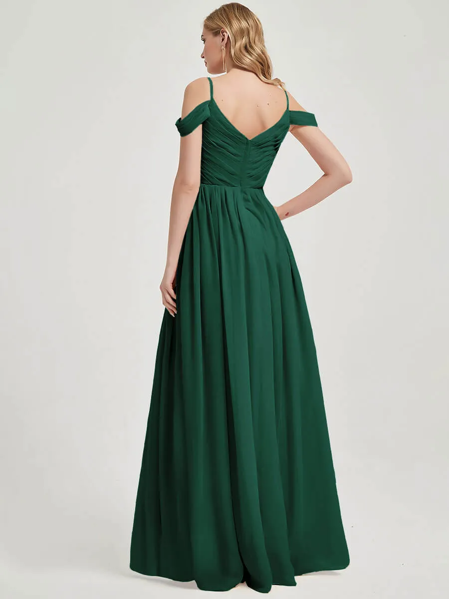 Emerald Green Spaghetti Straps Pleated Chiffon Maxi Bridesmaid Dress