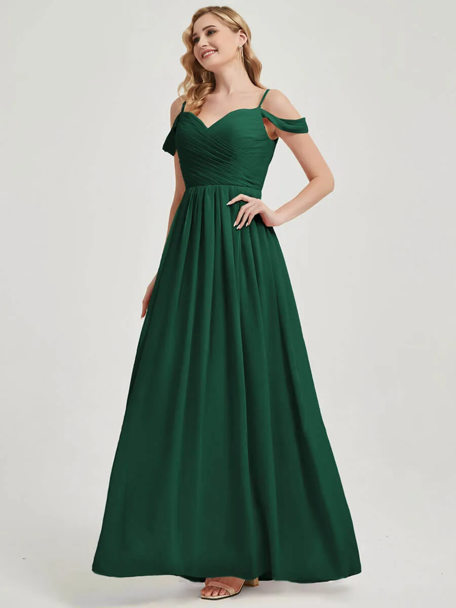 Emerald Green Spaghetti Straps Pleated Chiffon Maxi Bridesmaid Dress