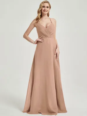 English Rose Pleated Halter V-Neck Backless Chiffon Bridesmaid Dress