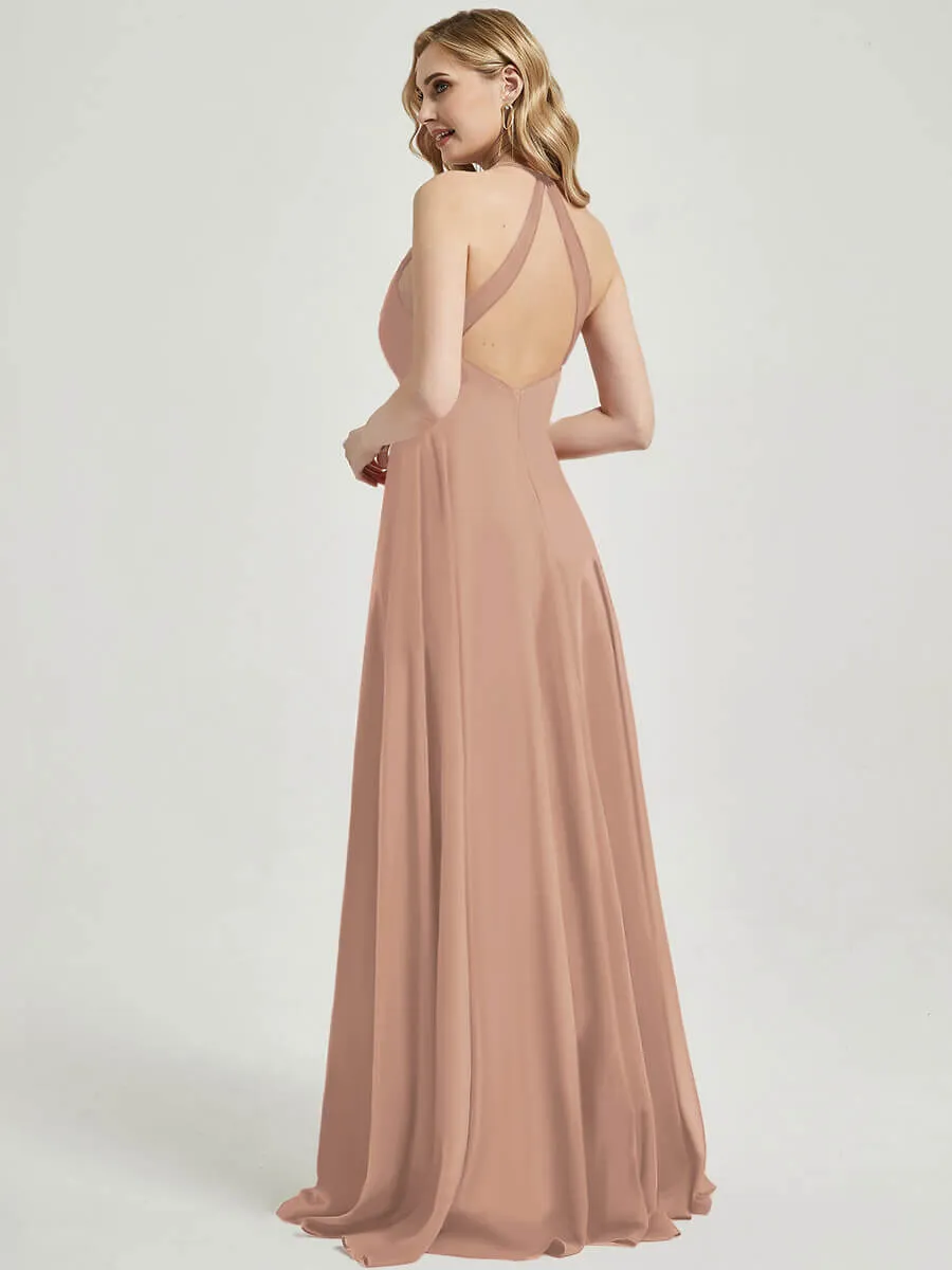 English Rose Pleated Halter V-Neck Backless Chiffon Bridesmaid Dress