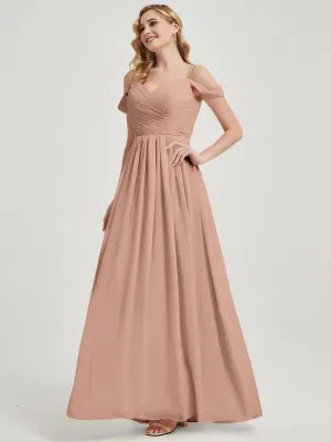 English Rose Spaghetti Straps Pleated Chiffon Maxi Bridesmaid Dress