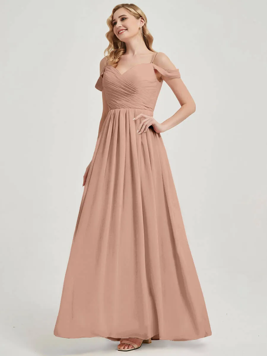 English Rose Spaghetti Straps Pleated Chiffon Maxi Bridesmaid Dress
