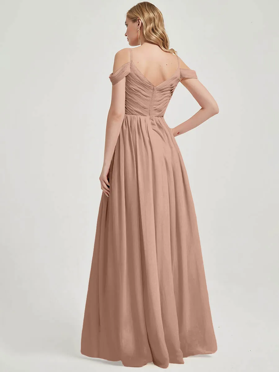 English Rose Spaghetti Straps Pleated Chiffon Maxi Bridesmaid Dress