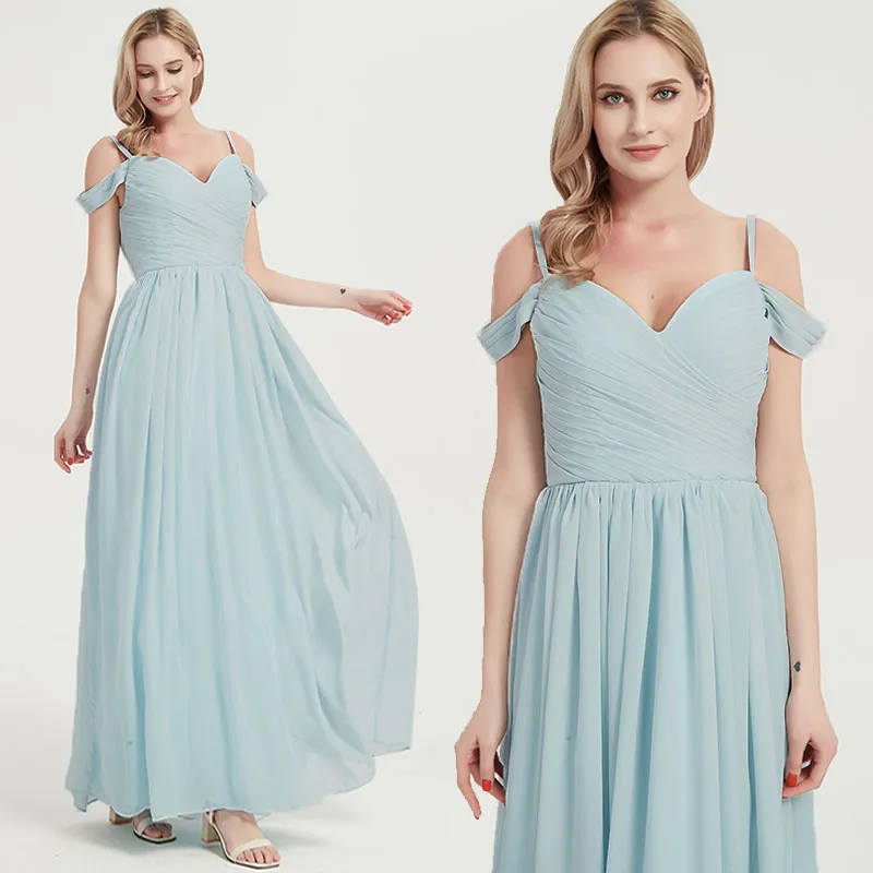 English Rose Spaghetti Straps Pleated Chiffon Maxi Bridesmaid Dress