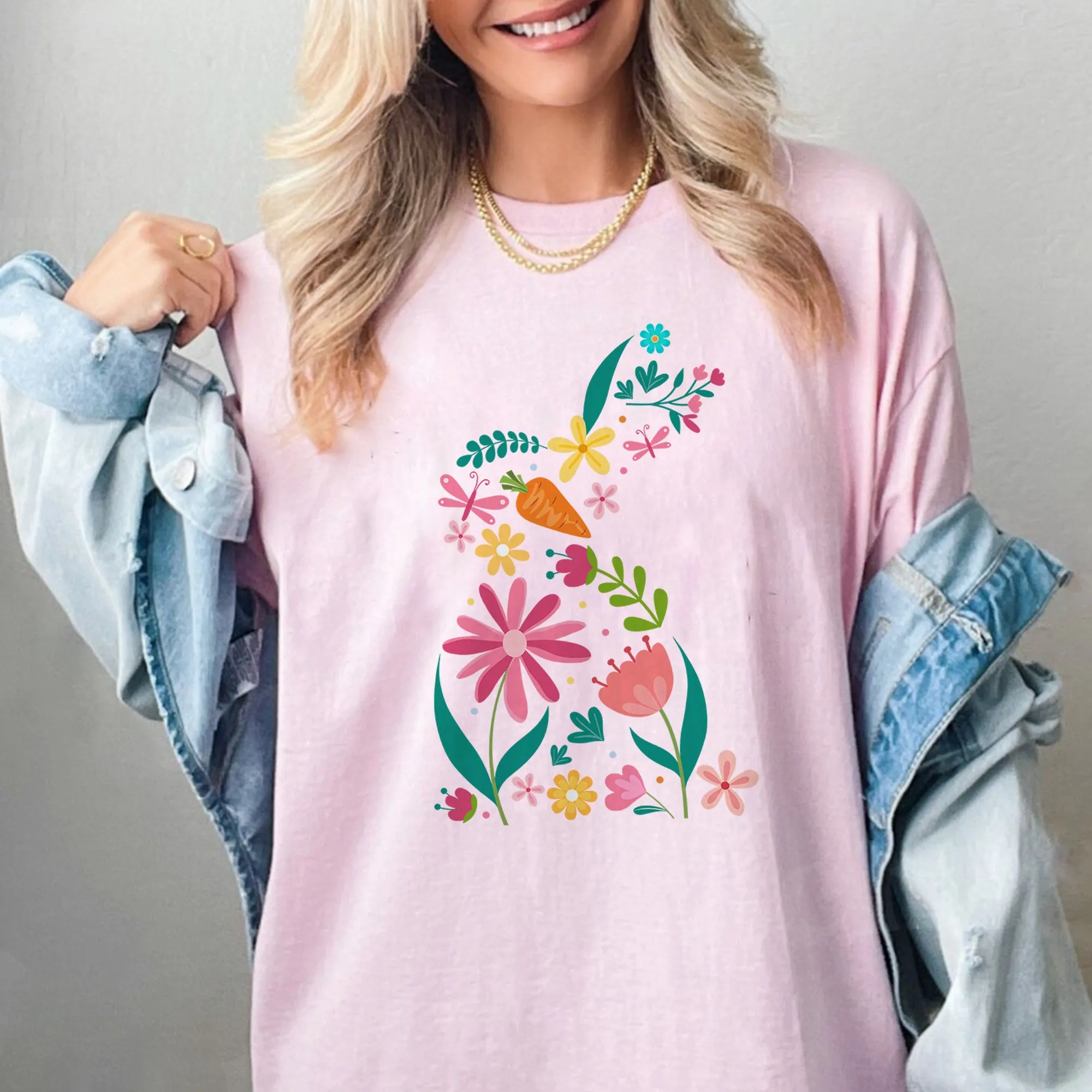 Floral Bunny Shirt, Easter T-Shirt, Rabbit Silhouette, Easter Bunny T-Shirt, Nature Lover, Easter Gift,Flowered Rabbit Gift, Cute Easter Tee