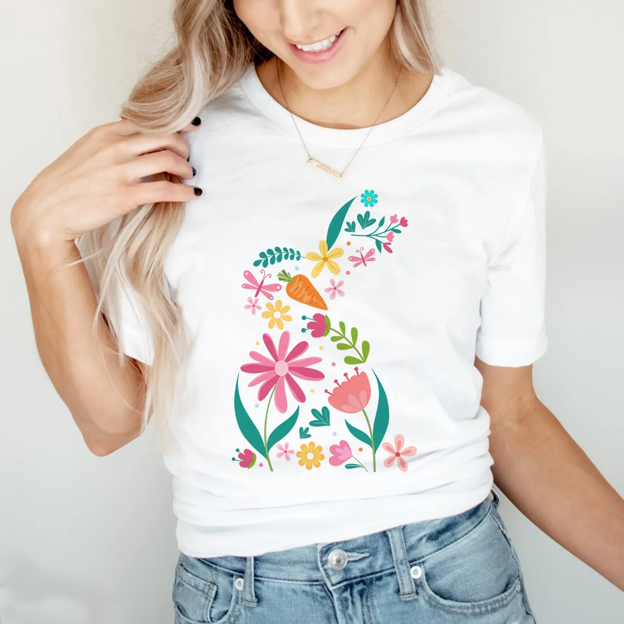 Floral Bunny Shirt, Easter T-Shirt, Rabbit Silhouette, Easter Bunny T-Shirt, Nature Lover, Easter Gift,Flowered Rabbit Gift, Cute Easter Tee