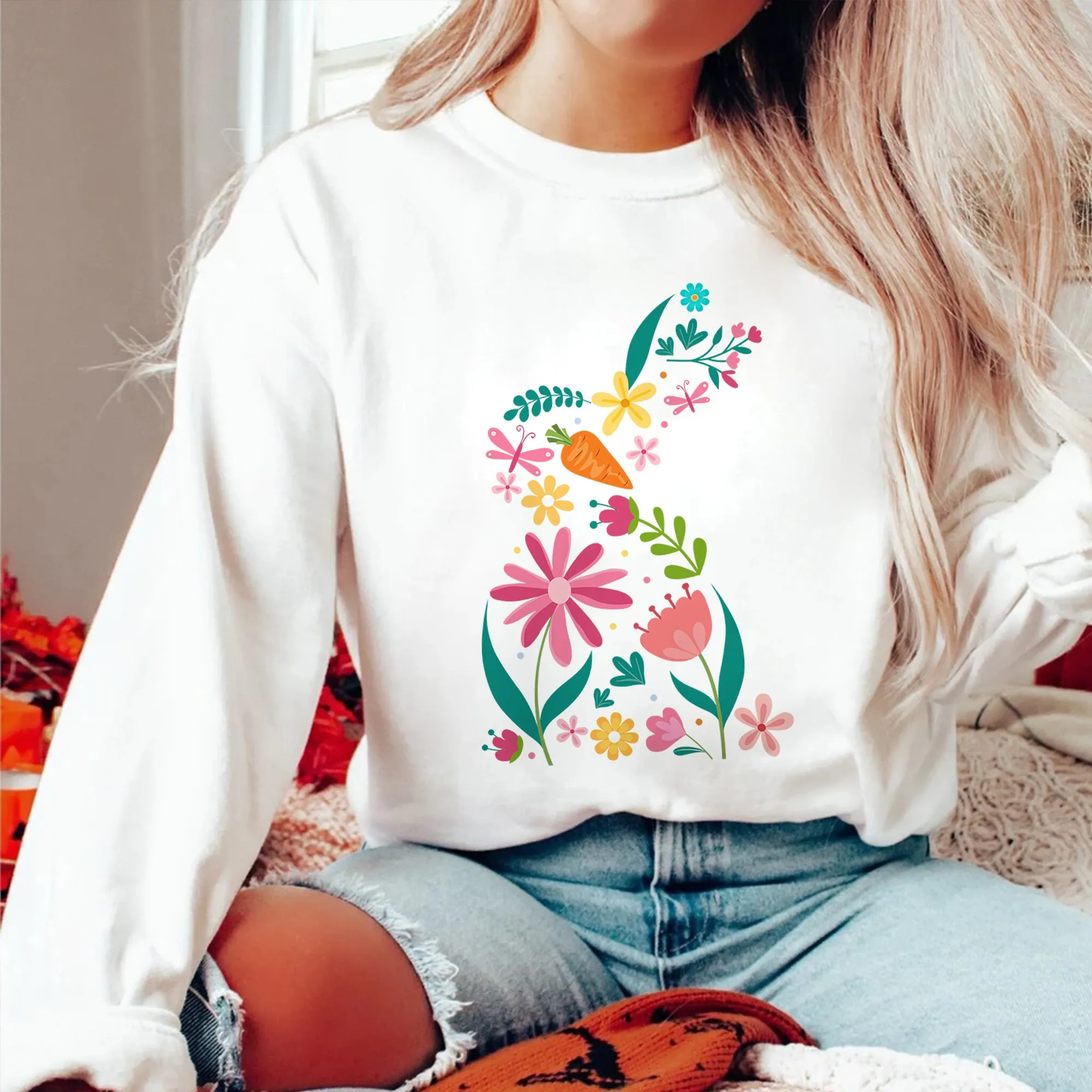 Floral Bunny Sweatshirt, Easter Crewneck, Rabbit Silhouette, Easter Bunny T-Shirt, Nature Lover, Easter Gift,Flowered Rabbit Gift, Cute Easter Tee